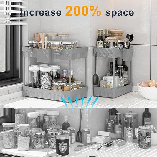 2 Pack Under Sink Organizer, Under Bathroom Cabinet Organizer with Hooks Hanging Cup, Multi-Purpose Storage Shelf for Kitchen Bathroom (Gray, 12.8 Inch)