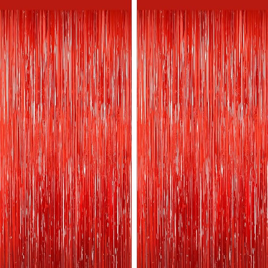 Red Tinsel Backdrop Foil Fringe Curtains - 2 Packs Door Streamers Backdrop for Birthday Door Decorations, Party Supplies for Bachelorette, Graduation, Christmas, Disco Decor