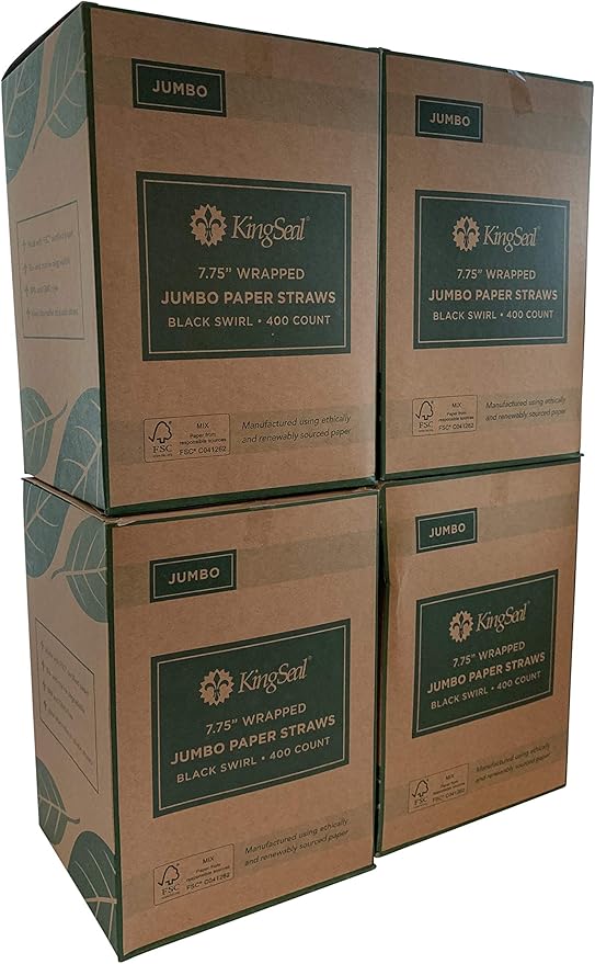 Kingseal FSC Certified Disposable Paper Drinking Straws, Paper Wrapped, 7.75" Length x 6mm Diameter, Black Swirl Stripe, Biodegradable, Earth Friendly, Bulk Pack - 4 Boxes of 400 Straws Each
