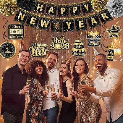 2026 New Years Decorations, NYE Party Supplies includes Happy New Year Banner Hanging Swirls and Black and Gold Tissue Pom Poms, New Year Hanging Swirls for Indoor Outdoor Classroom Office