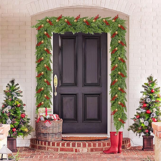 6FT Christmas Cedar Garland,Realistic Soft Faux Cedar Garlands,Thickness Pine Garland for Home Fireplace Mantle Table，Indoor Outdoor Christmas Decorations