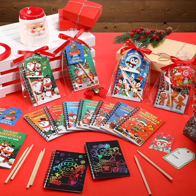 Funrous 48 Pack Christmas Party Favors Xmas Scratch Crafts Gifts Christmas Rainbow Scratch Art Notebooks Bulk Stocking Stuffers Coloring Books for Xmas Gift Birthday Party Activities Supplies
