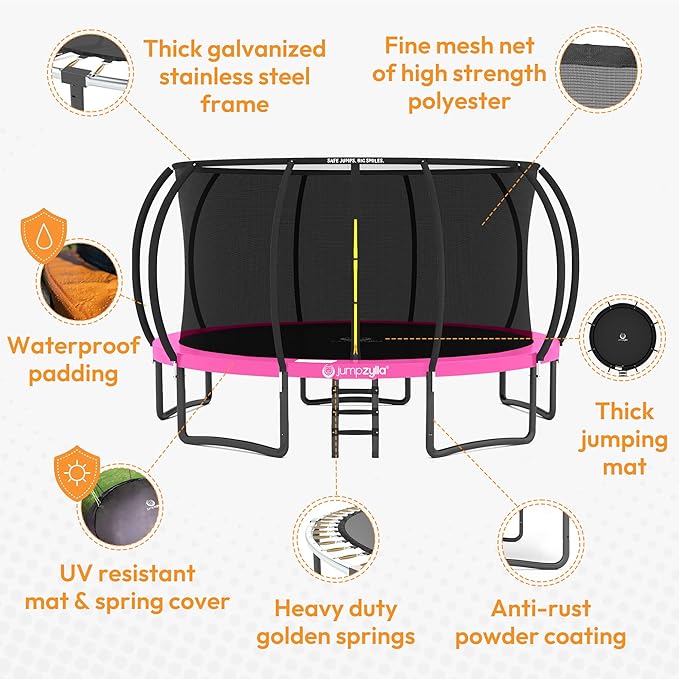JUMPZYLLA Trampoline Outdoor 8FT 10FT 12FT 14FT 15FT 16FT with Enclosure and Ladder, ASTM Approved Recreational Trampoline for Kids and Adults, Anti-Rust Coated Frame
