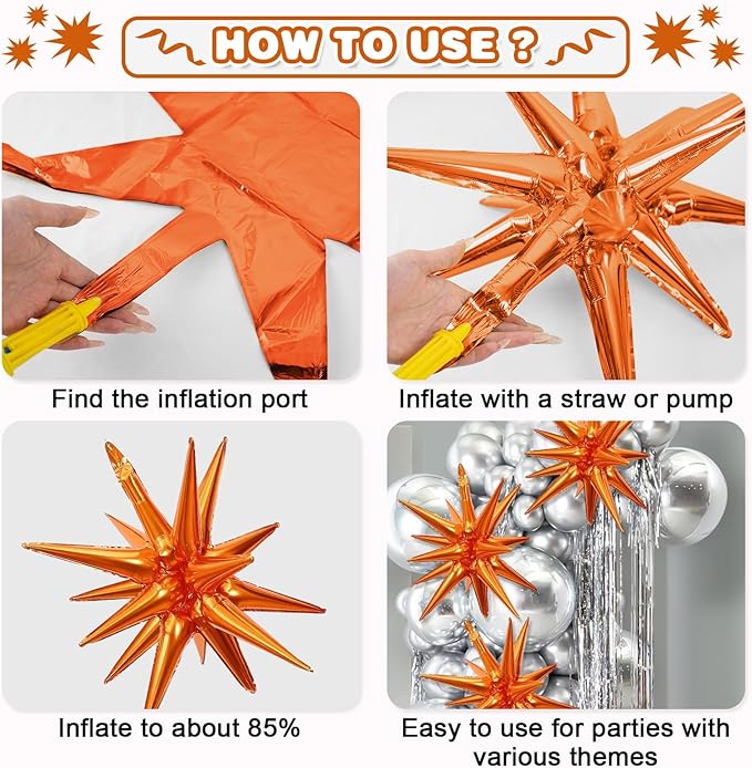 Black Orange Star Balloons,9Pcs 22Inch Black Orange Explosion Spike Cone Helium Polyester Film Star Foil Balloons for Birthday Halloween Graduation Baby Shower Party Decorations