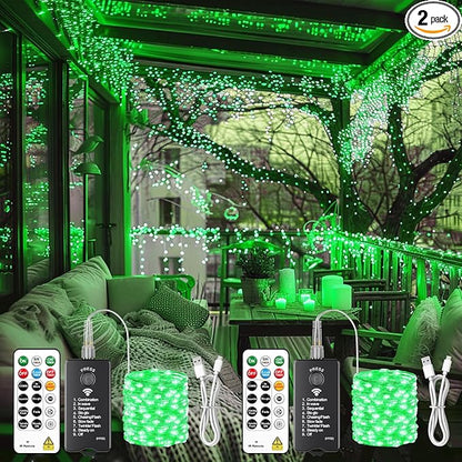 HXWEIYE Rechargeable Fairy Lights with Remote, 2 Pack 33ft 100LED Twinkle Lights with DIY Timer & Light Sensor, Waterproof Outdoor String Lights for Bedroom Patio Christmas Tree Decor, Green