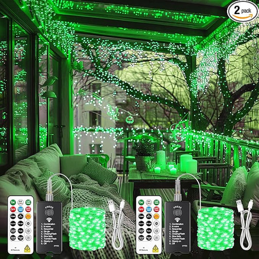 HXWEIYE Rechargeable Fairy Lights with Remote, 2 Pack 33ft 100LED Twinkle Lights with DIY Timer & Light Sensor, Waterproof Outdoor String Lights for Bedroom Patio Christmas Tree Decor, Green