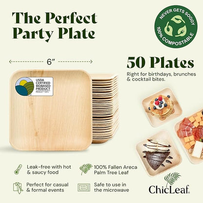 Chic Leaf Palm Leaf Compostable Plates - 6" Square, Pack of 50 - Disposable Dinnerware for Thanksgiving Dinner, Rustic Bamboo Appetizer Plates - Charcuterie Boards & Biodegradable Serviceware