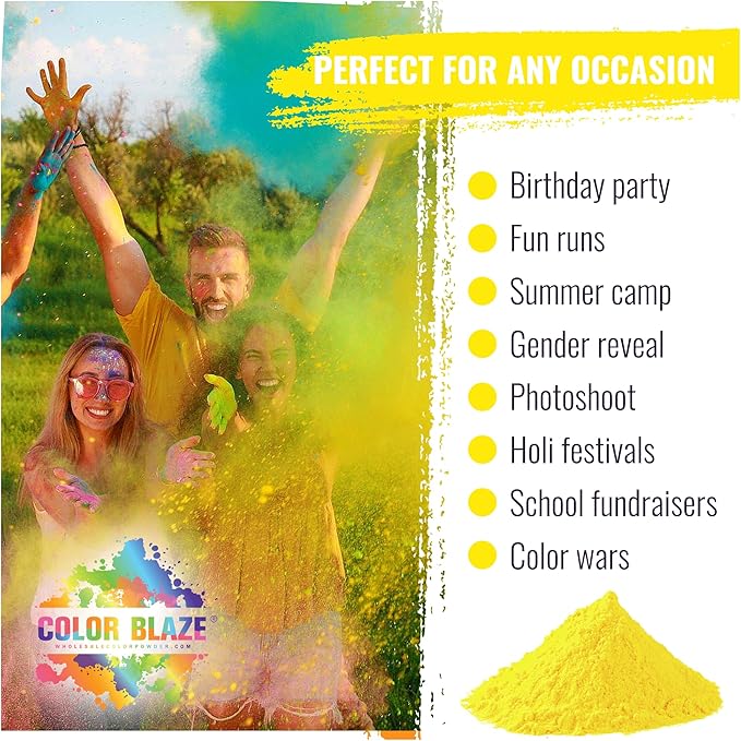 Color Blaze Holi Colored Powder - 5 lbs of Yellow Powdered Color - for Fun Runs, Color Toss, Rangoli, Powder War, Backyard Party & Festivals - Pack of 1 Colorful Bag - 5 Pounds in Bulk - Yellow