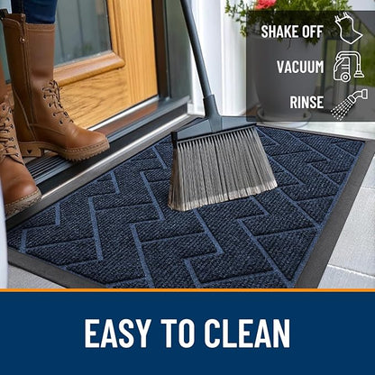 OLANLY Front Door Mat Indoor Outdoor Entrance, Waterproof All-Season, All-Weather Doormat, Sturdy Natural Rubber, Low Profile, Easy Clean Patio Porch Entryway Mat, Herringbone Brick (Blue, 29.5x17)