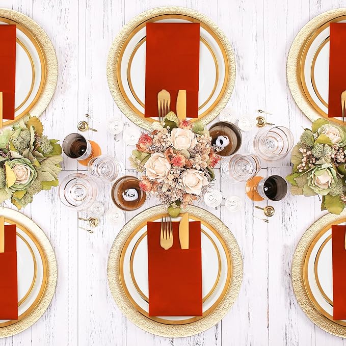 KAMMAK Dinner Napkins Disposbale Terracotta and Orange Cloth Like Paper Napkins with Pocket 100 Pack Wedding Reception Guest Hand Towel for Party Decoration, Bathroon, Kitchen (16.5 x 16.5 inch)