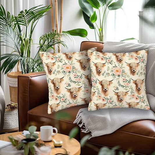 Highland Cow Throw Pillow Covers Set of 2 | 18x18 Inches Cushion Cases for Couch, Sofa, Bedroom and Living Room | Rustic Pillowcases for Home Decoration