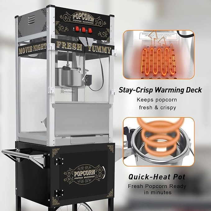 Commercial 20 Oz Popcorn Machine with Cart - 100 Cups, Stainless Steel Kettle, Warming Light - Portable Popper for Home Theater & Parties, Sleek Black