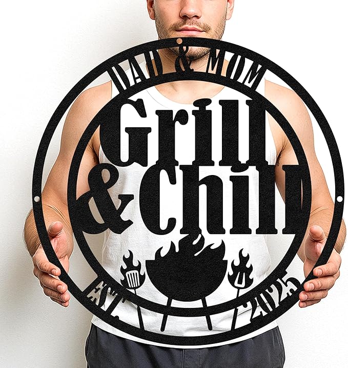 Custom Outdoor Cooking Metal Sign, Personalized BBQ Grill Name Cut Wall Decor for Patio, Rustic Backyard Kitchen Gift