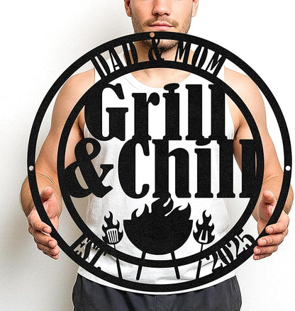 Custom Outdoor Cooking Metal Sign, Personalized BBQ Grill Name Cut Wall Decor for Patio, Rustic Backyard Kitchen Gift