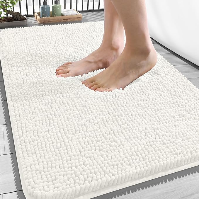 OLANLY Bathroom Rugs 34x21, Extra Soft Absorbent Chenille Bath Rugs, Rubber Backing Quick Dry, Machine Washable Bath Mats for Bathroom Floor, Tub and Shower, Home Decor Accessories, Ivory