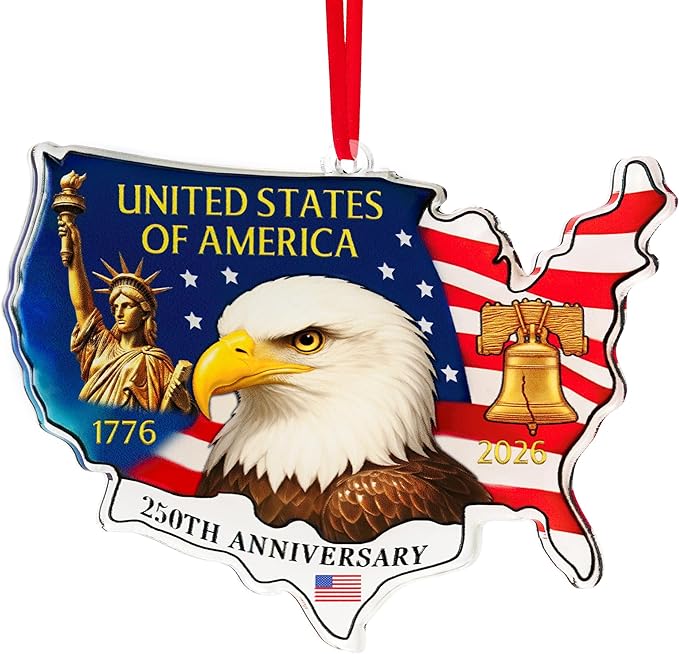 United States 250th Anniversary Ornament, 2D Acrylic 250th Anniversary USA Christmas Tree Ornament, 250 Patriotic American Flag Christmas Ornaments, Gift for US Citizens, Patriotic Collectors Decor
