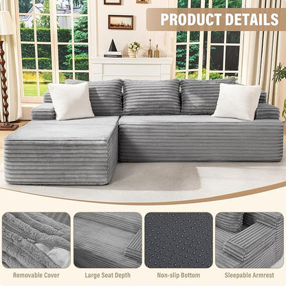 Hobestluk Modular Sectional Sofa Couches L-Shape Couch 3 Seat Modular Sofa Memory Foam Sectional Couches for Living Room, Cloud Couch with Oversized Chaise (96” Left Facing)