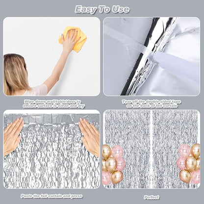 2 Pack 3.2x6.5 Feet Wavy Silver Foil Curtain Backdrop Metallic Tinsel Foil Fringe Curtains Photo Booth Props for Birthday Bachelorette Wedding Engagement Baby Shower Disco Party Decorations