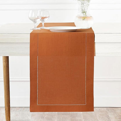 D'Moksha Homes Linen Rust Table Runner 90 Inches Long - Classic Hemstitch 100% Pure Linen Dining Table Runner 14 x 90 Inch for Winter, Christmas, Holiday