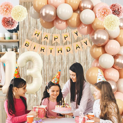 Beige 13th Birthday Decorations Girls Boys Cream Number 13 Balloon Nude Gold Happy Birthday Banner Fringe Curtain Paper Pom Poms Blush White Sand Champagne Star Foil Balloons Neutral Boho Party Decor