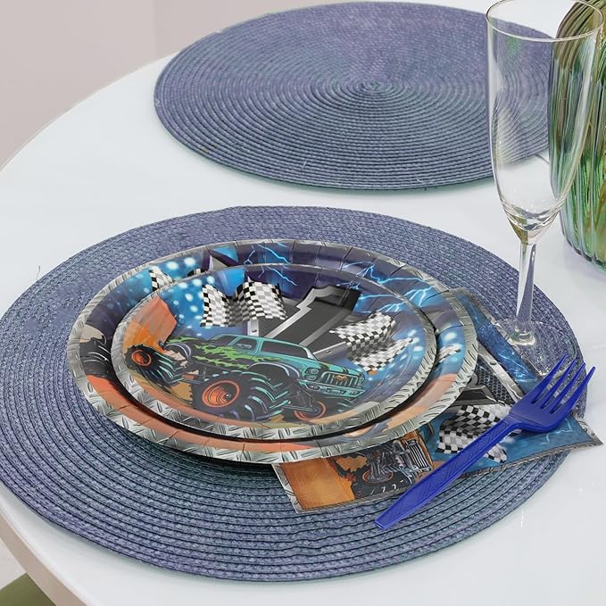 96pcs Party Plates Monster Truck Tableware Set Paper Plates Round for 24 Guests Monster Jam Disposable Party Table Supplies Kids Birthday Party Picnic (Include Plates, Forks and Napkins)