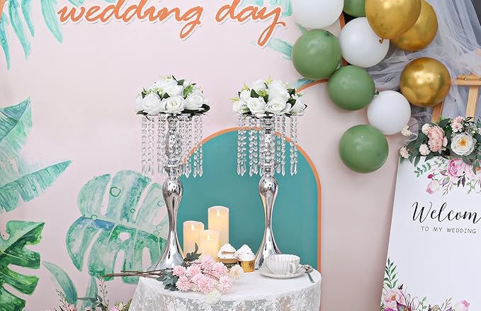 Set of 10 Metal Crystal Wedding Centerpiece Vases Silver Flower Arrangements Stand for Anniversary Dinner Party Home Decoration