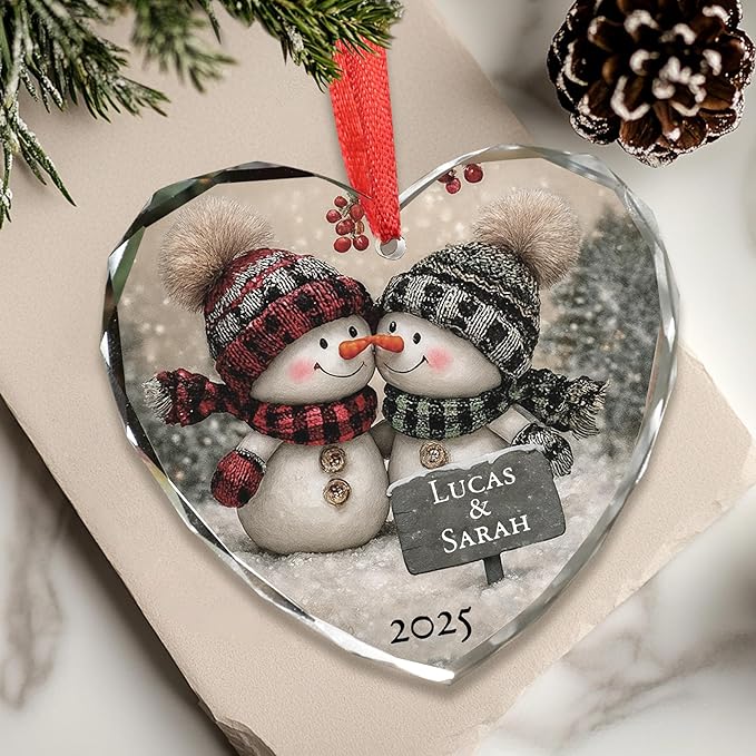 Noni Personalized Couple Heart Glass Ornament, Custom Names Printed and Year 2025, Snowman Couple Art Clear Faceted Tree Keepsake, Gifts for Couples, Gifts for Christmas