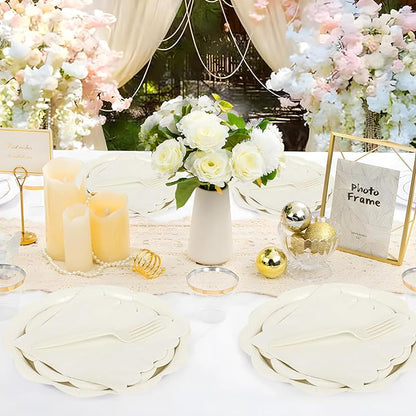 96 Pcs Ivory Paper Plates and Napkins Set Party Supplies, Tableware set for 24 Guest include Disposable Ivory Scalloped Plates, Napkins and Forks for Baby Shower Bridal Shower Wedding
