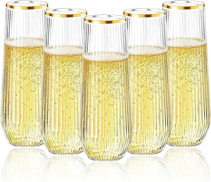 Goodluck 48pack Clear Stemless Plastic Champagne Flutes with Gold Rim，9oz Ribbed Stemless Toasting Glasses，Champagne Flutes Plastic for Weddings, Bars, Events, Party And Celebrations