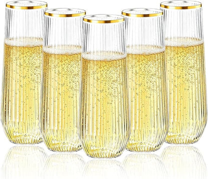 Goodluck 48pack Clear Stemless Plastic Champagne Flutes with Gold Rim，9oz Ribbed Stemless Toasting Glasses，Champagne Flutes Plastic for Weddings, Bars, Events, Party And Celebrations