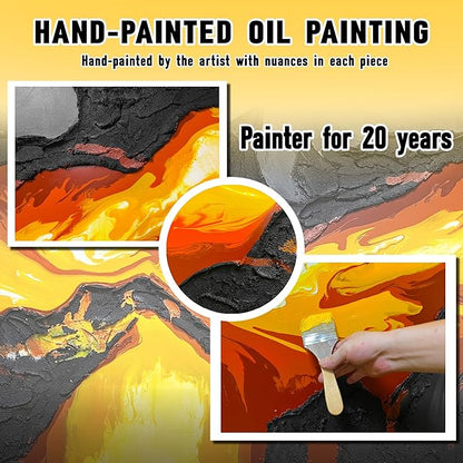 GUGIKA Extra Large Abstract Wall Art for Living Room, Hand Painted 3D Textured Magma Paintings, Black and Gold Yellow Volcanic Lava Canvas Wall-Decor for Bedroom, Size 80x40 Inches