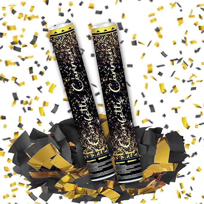 16" Black Gold Confetti Cannons - Party Poppers for Birthday Graduation Wedding New Year Celebrations - Easy to Use - Pack of 2