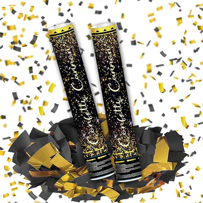 16" Black Gold Confetti Cannons - Party Poppers for Birthday Graduation Wedding New Year Celebrations - Easy to Use - Pack of 2