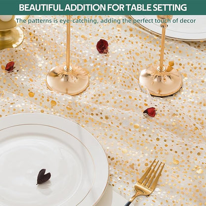 10 Pcs Gold Table Runners, 28In x 10 Ft Sheer Chiffon Tulle Cheesecloth with Glitter Metallic Foil, Golden Sequin Gauze Runner for Wedding, Birthday, Baby Shower, Anniversary Party Decor, Polka Dots