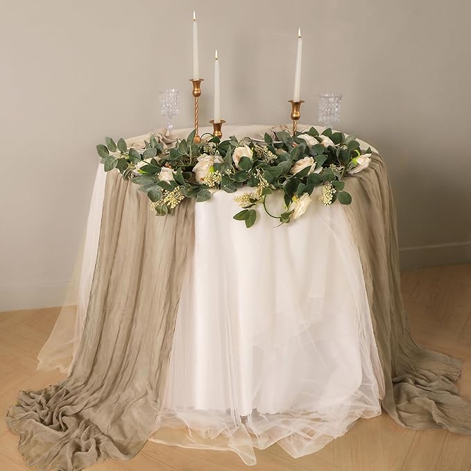 Snowkingdom 10 FT Light Brown Tan Christmas Cheesecloth Table Runner, 120 inch Long Boho Rustic Gauze Sheer Runner for Wedding Baby Shower Birthday Xmas Holiday Party Decorations
