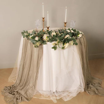 Snowkingdom 6PCS 10 FT Light Brown Cheesecloth Table Runner, 120 inch Long Tan Fall Thanksgiving Boho Rustic Gauze Sheer Runner for Wedding Baby Shower Birthday Holiday Party Table Decorations
