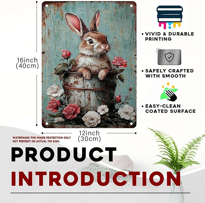 Easter Vintage Rabbit Metal Tin Sign Rustic Bunny Art Sign Farmhouse Decor For Home Garden Garage Garden artistry Decor 12x16Inch