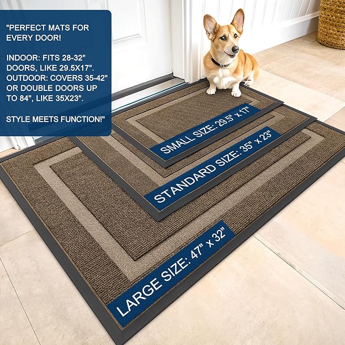 OLANLY Front Door Mat Indoor Outdoor Entrance, Waterproof All-Season, All-Weather Doormat, Sturdy Natural Rubber, Fade Resistant, Low Profile, Easy Clean Patio Porch Entryway Mat, 47x32, Brown