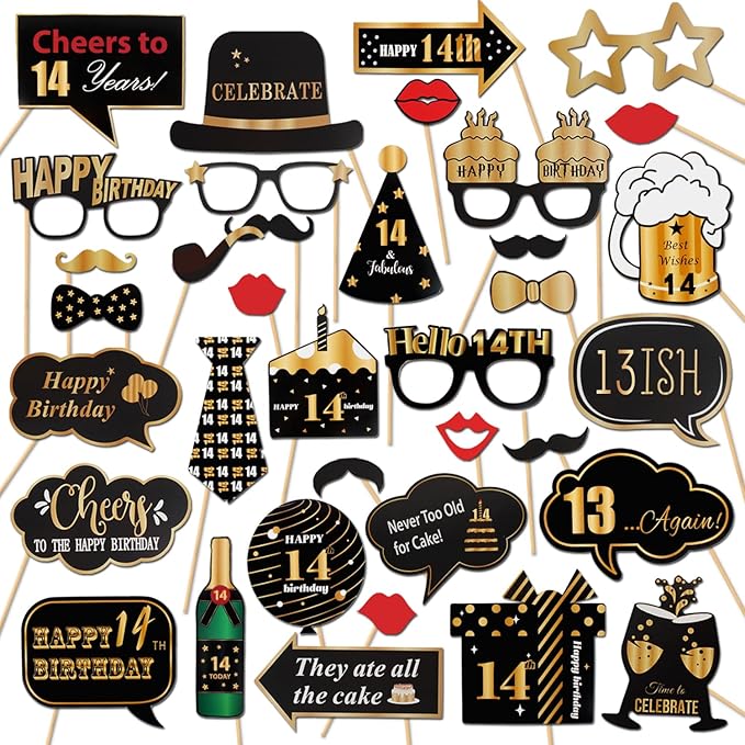 LINGTEER Happy 14th Birthday Party Photo Booth Props,Cheers to 14th Birthday Fourteen Years Old Bday Party Centerpieces Props Decorations Sign.