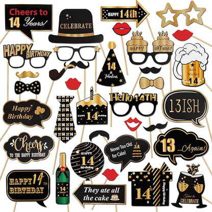 LINGTEER Happy 14th Birthday Party Photo Booth Props,Cheers to 14th Birthday Fourteen Years Old Bday Party Centerpieces Props Decorations Sign.