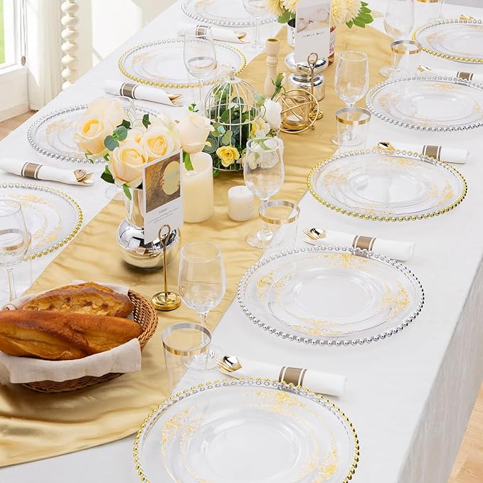 Hioasis 210pcs Clear and Gold Plastic Plates - Elegant Disposable Dinnerware Set Suitable for 30 Guests Include 10.25" Dinner & 7.5" Dessert Plates, Pre Rolled Silverware Set, Cups for Party & Wedding