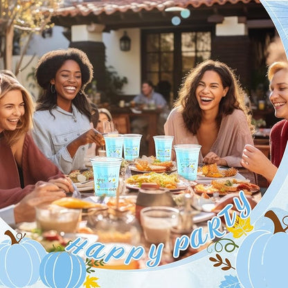 Meanplan 50 Pcs 12oz Thanksgiving Baby Shower Party Plastic Cups A Little Pumpkin is On The Way Disposable Clear Cups for Fall Autumn Baby Shower Gender Reveal Supplies Decorations(Blue)