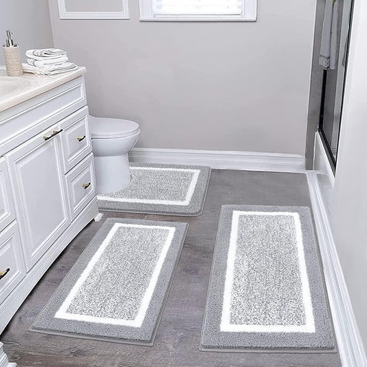 Pauwer Bathroom Rug Sets - 3 Piece Shower Mats with U-Shaped Contour Toilet Mat, Absorbent Microfiber Plush Bath Mats, Non Slip, Machine Washable Shaggy Floor Mats
