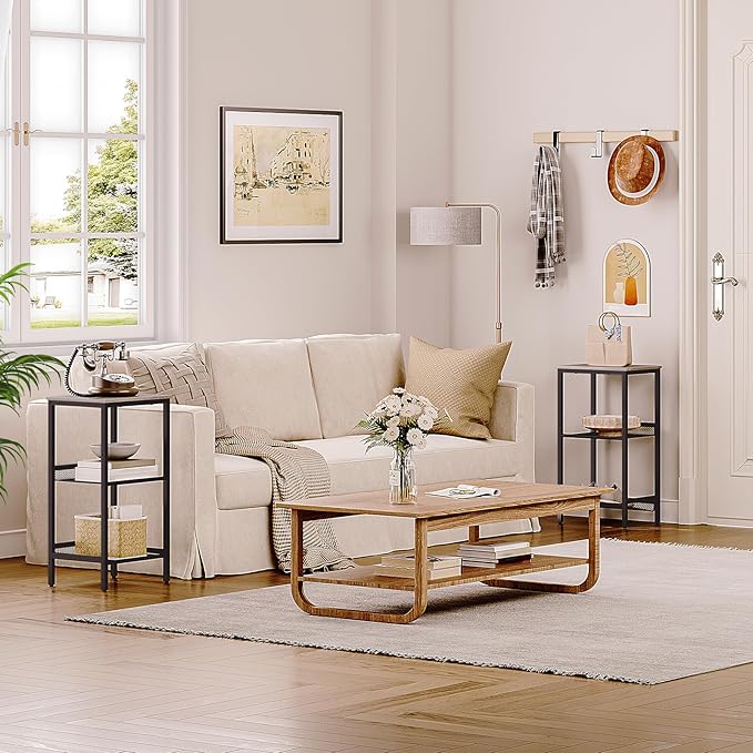 HOOBRO Tall Side Table, 3-Tier Telephone End Table with Adjustable Mesh Shelves, Small Entryway Table with Storage, Small Nightstand for Living Room, Bedroom, Hallway, Office, Greige BG01DH01G1