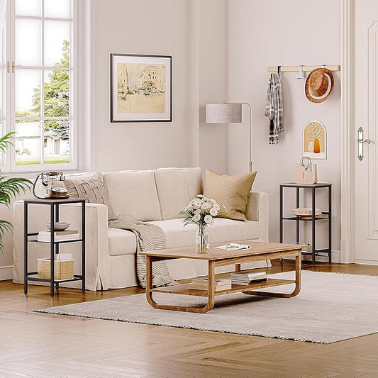 HOOBRO Tall Side Table, 3-Tier Telephone End Table with Adjustable Mesh Shelves, Small Entryway Table with Storage, Small Nightstand for Living Room, Bedroom, Hallway, Office, Greige BG01DH01G1