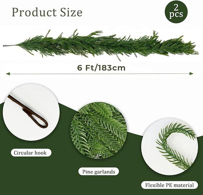 TOKCARE 6FT Real Touch Norfolk Pine Garland, 2 Pcs Artificial Christmas Greenery Garland for Mantle, Fireplace, Table, Indoor Outdoor Xmas Decor