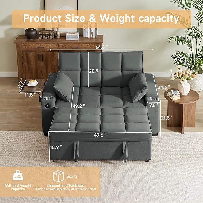 66" Multi-Functional Pull-Out Sofa Bed with Hidden Side Table, Storage Armrests, Built-in Charging Port, Spring Mattress, Solid Wood Frame – Ideal for Small Spaces, Easy Assembly