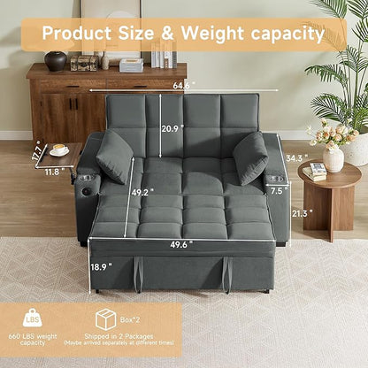 66" Multi-Functional Pull-Out Sofa Bed with Hidden Side Table, Storage Armrests, Built-in Charging Port, Spring Mattress, Solid Wood Frame – Ideal for Small Spaces, Easy Assembly