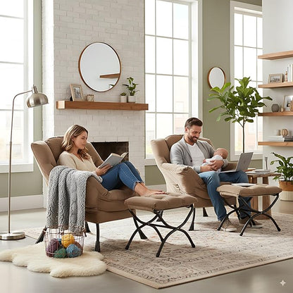 LITA Lazy Chair with Ottoman, Modern Accent Leisure Upholstered Sofa Chair, Contemporary Lounge Reading Chairs with Armrests and a Side Pocket for Living Room, Bedroom & Small Space, Dark Brown