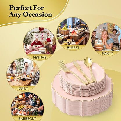 350 PCS Pink Disposable Plates, Scalloped Dinnerware Set for 50 Guests, 100 Plastic Plates, 150 Silverware, 50 Cups & 50 Paper Napkins, Pink